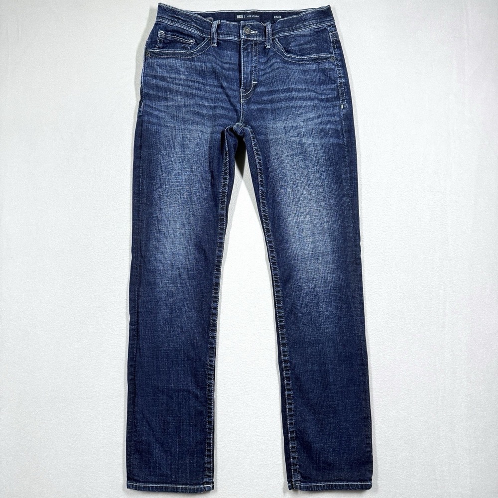 BKE Jeans Mens 32x34 Jake Straight Leg Blue Stretch Denim Western Rock Buckle